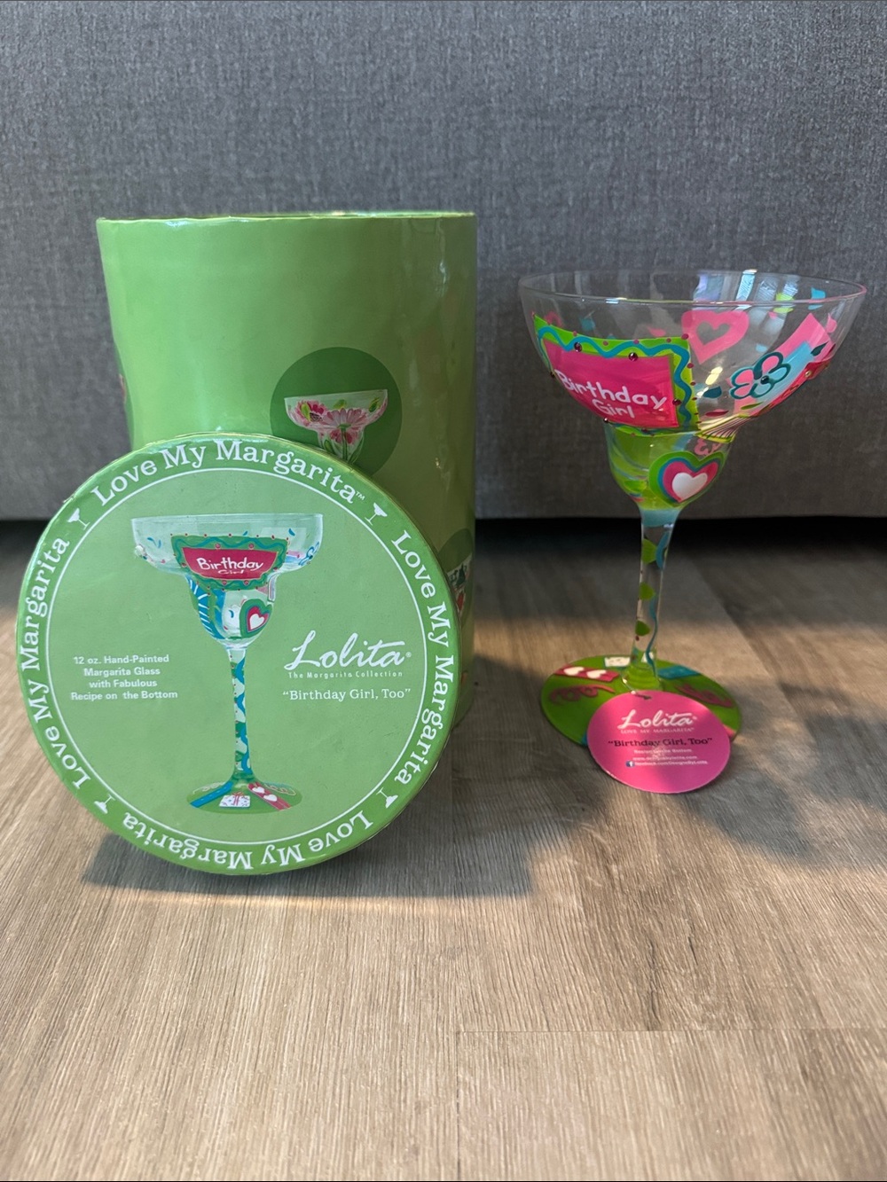 Lolita “Birthday Girl, Too” Hand-Painted “Love My Margarita” Glass - Brand New